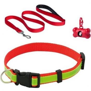 Sudepets- Collar para Perros Reflectante con Correa Larga y dispensador de Bolsas de Caca . Tres Piezas indispensables para Cualquier Paseo con tu Mascota Rojo