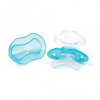 Chupete mordedor BabyOno Soft Silicone Teether Gummy Fase 1 con tapa, diseñado para bebés a partir de 3 meses, color azul, fabricado en silicona suave, fácil de agarrar y limpiar