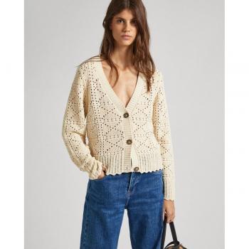 Pepe Jeans - Cárdigan Grace Beige con Detalles Calados y Cuello en Pico