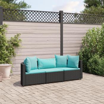 3-Piece Black Poly Rattan Garden Sofa Set with Cushions