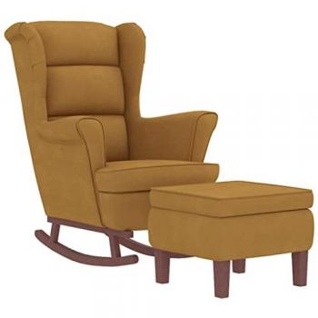 Sillón mecedora patas madera y taburete terciopelo marrón con reposapiés balancín reclinable para salón o sala de estar
