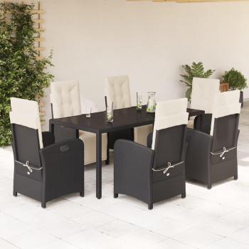 7 Piece Black Poly Rattan Garden Dining Set with Cushions