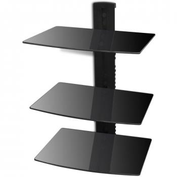 Vidaxl soporte negro de pared para reproductores dvd de cristal con tres estanterias