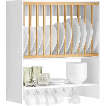 SoBuy estante de la taza de la placa de cocina montado en la pared, escurridor de platos y vasos con 1 estante adicional y 7 ganchos, dimensiones 64 x 24 x 71 cm, color