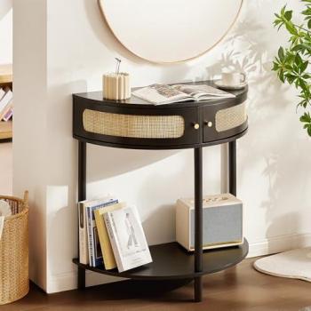 Half-Moon Rattan Console Table with 2 Drawers and Natural Sliding Door for Living Room Storage
