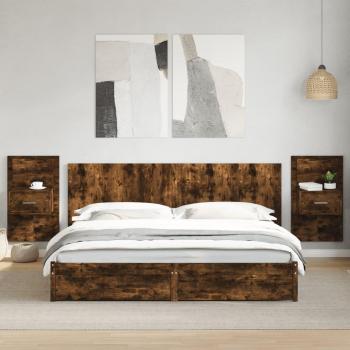 Cabecero cama con mesitas de madera de ingeniería en roble ahumado de 200 cm, color marrón