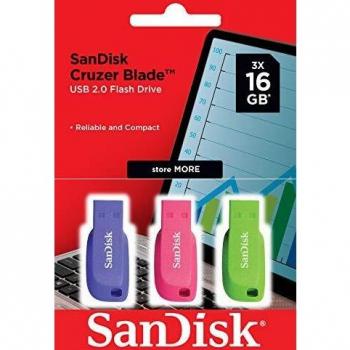 SanDisk Cruzer Blade - Pack de 3 Memorias USB 2.0, 16GB Cada Una, en Colores Rosa, Azul y Verde