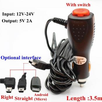 Adaptador de cargador de coche Micro/Mini USB 3.5m 5V 2A con interruptor para cámara DVR y GPS, entrada DC 12V-24V