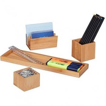 Organizador de Escritorio Relaxdays, Set de 4 Piezas, Soporte para Lápices, Archivador de Cartas, Bandeja para Utensilios, Bambú Natural