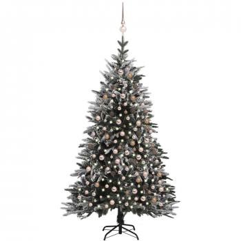 Árbol de Navidad con LED, bolas y nieve flocada 210 cm