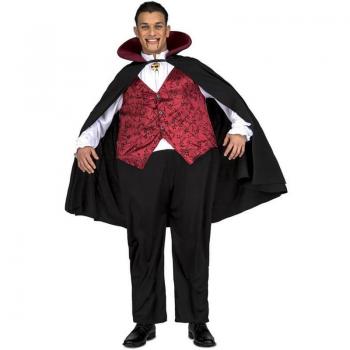 Disfraz de Vampiro Gordo MY OTHER ME para hombre, incluye capa negra, camisa roja con chaleco negro, pantalones negros y detalles en el diseño que simulan un abdomen prominente