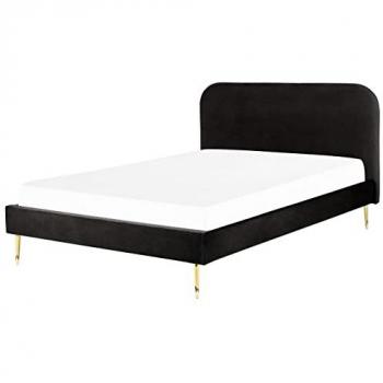 Cama Super King Size de Terciopelo Negro con Cabecera y Estructura de Listones, Patas Doradas, Diseño Minimalista 180 x 200 cm