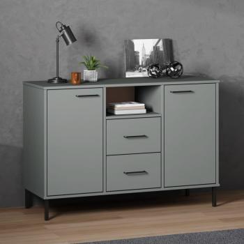 Zapatero con patas de metal OSLO, madera maciza, 113x40x77 cm, mueble de almacenaje para salón, buffet, armario auxiliar y armario de almacenamiento en color gris