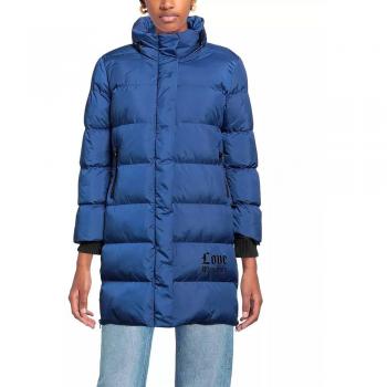 Love Moschino Elegant Long Down Jacket with Logo Detail - Blue Polyester, Female, Size M