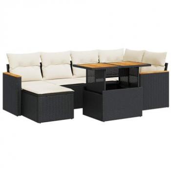 7 Piece Garden Sofa Set with Cushions Black Poly Rattan Acacia