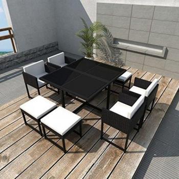 9-Piece Outdoor Dining Set with Cushions - Black Poly Rattan