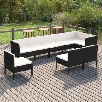 9-Piece Black Poly Rattan Garden Lounge Set with Cushions