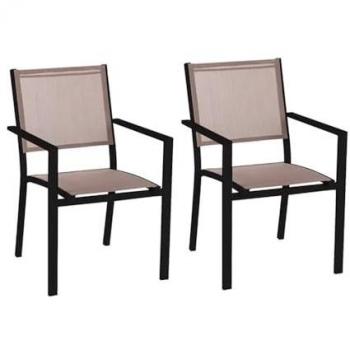 Set de 2 sillas de jardín apilables Thais con brazos de aluminio negro y textileno topo 55x60x86 cm
