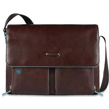 Piquadro Blue Square Brown Leather Messenger Bag for 15.6 Laptop