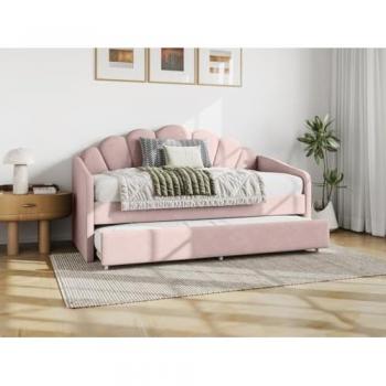 Cama Nido con Forma de Concha 2 x 90 x 190 cm - Terciopelo Rosa + Colchón ELUSIA