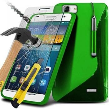 ONX3® ( verde ) Huawei Ascend G7 caso cubierta trasera funda Carcasa, Case, Cover Custom Made S-Line Onda Funda de silicona piel cubierta con vidrio templado Cristal Clear LCD Protectores de Pantalla, Paño limpiador & Mini Lápiz retráctil