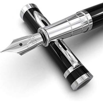 Wordsworth & Black Juego de pluma estilográfica, punta mediana, incluye 6 cartuchos de tinta y convertidor de recarga de tinta, estuche de regalo, bolígrafos de escritura suave [Cromo negro]