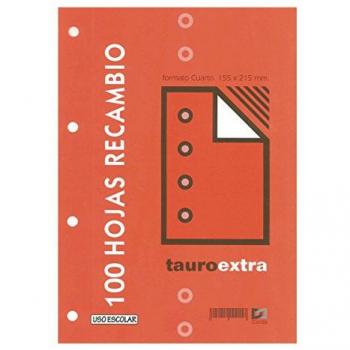 Recambio Tauro Extra Cuarto 4 Taladros Cuadrícula 4x4 con Margen, 100 Hojas, 80 g, Modelo Pauta 46º, Paquete de 3 Unidades