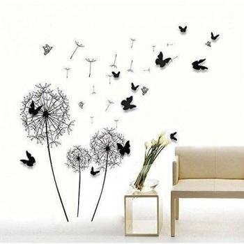 Walplus WS6016 Paquete combo enorme de diente de león negro más adhesivo mural negro 3D, multicolor