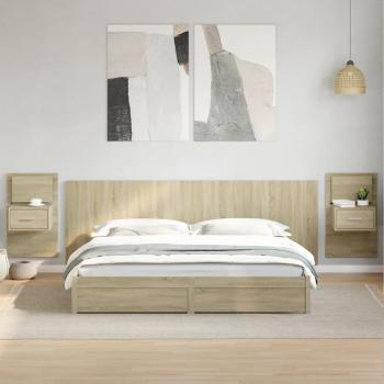 Cabecero cama con mesitas de noche de madera de ingeniería en color roble Sonoma, 240 cm, marca vidaXL, acabado marrón