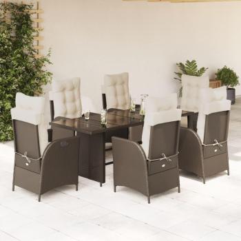 7-Piece Brown Poly Rattan Garden Dining Set with Cushions
