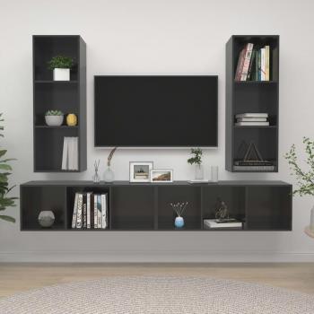 Gabinete gris brillante del conglomerado TV de 4 PC con diseño moderno, acabado brillante, fabricado en madera aglomerada, incluye 4 piezas para almacenamiento y exhibición