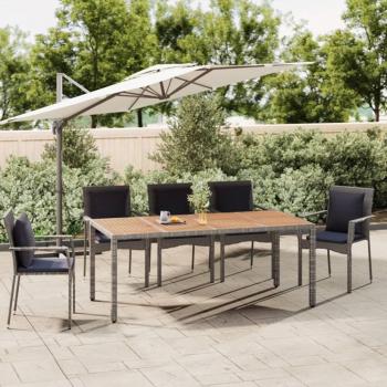 Mesa de Jardín de Polirratán Gris con Superficie de Madera Maciza de Acacia