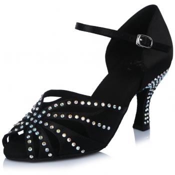 SWDZM Mujer estándar Zapatos de baile latinos Satén Strass Ballroom modelo AF-435 Negro 36 EU