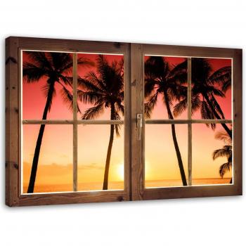 Impresión en Lienzo Feeby, Ventana - palmeras y sol 60x40 rosa