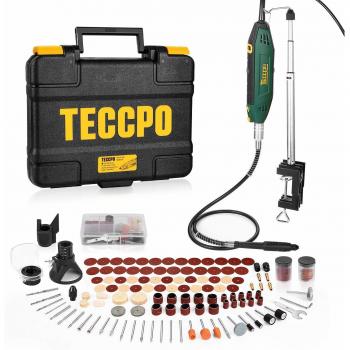Mini Amoladora Eléctrica, TECCPO 200W Multiherramienta, 6 Velocidades Variables 40000 RPM Max, 120 Accesorios, con bastidor fijo, soporte extensible Mandril, Mandril de 3 garras Caja de almacenamiento
