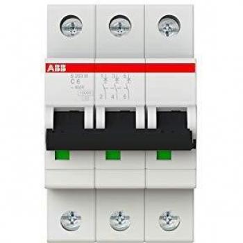 Interruptor automático ABB S203M-C6, 3 polos, 6A, curva tipo C, poder de corte 10 kA, System Pro M Compact, montaje en carril DIN