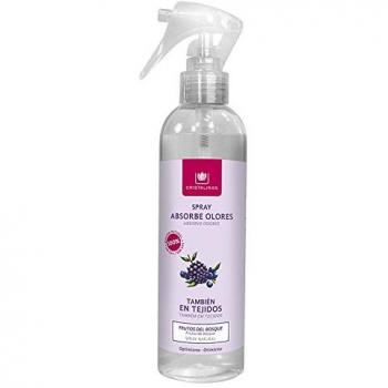 CRISTALINAS. Ambientador & Absorbe Olor. Spray Pulverizador. 100% sin GAS. Ideal para usar en : Tejidos, Cocina, Zona de Mascotas, Tabaco o Baño. Capacidad: 280 ml. Aroma Frutos del Bosque