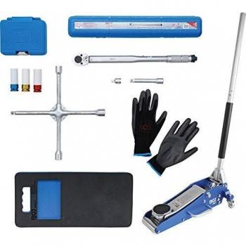 Juego de Cambio de Ruedas BGS 10 Piezas con Gato de Carretilla 1,5 t, Llave de Torque, Protectores de Llantas, Rodilleras y Guantes