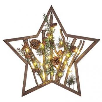 Figura Decorativa Estrella Navideña de Madera de Pino Oscura 46 cm con Luces LED y Piñas