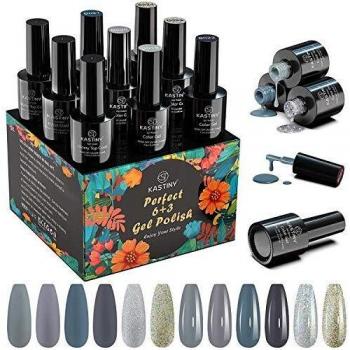 Esmaltes Semipermanentes, Kastiny 9PCS Clásico Gris-Azul Colección Pintauñas Semipermanente con Base, Capa Superior Brillante y Mate, Uñas Gel UV LED para Navidad y Año Nuevo