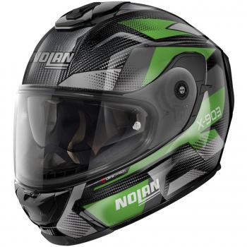 Casco Integral Nolan X-lite X-903 Ultra Carbon Verde-Gris con tecnología N-Com, diseño aerodinámico, carcasa de fibra de carbono, sistema de ventilación optimizado, visera anti-rayaduras y cierre micrométrico