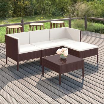 5-Piece Brown Poly Rattan Garden Lounge Set with Cushions