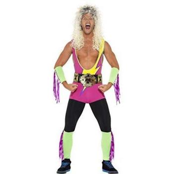 Smiffys-27561L Traje de Luchador Retro, con Body, Cinturón, Brazal y Brazalete del Pantalón, Multicolor, L-Tamaño 42-44