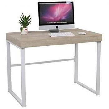 Mit Mesa metálica con tapa corredera estilo nórdico, para salón,escritorio,despacho,estudio,habitación juvenil,ideal teletrabajo.Mesa sobre madera color roble, patas metálicas blancas