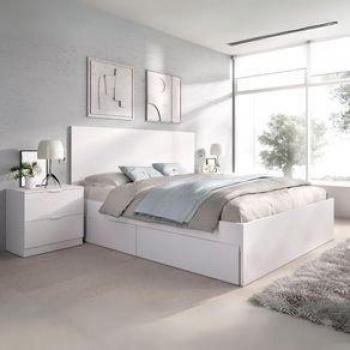 Conjunto de Dormitorio Lago Cama + 2 Mesitas Blanco 100x249x195,5 cm con cama para dormitorio de 135/140x190 cm, 4 cajones y dos mesitas de 2 cajones