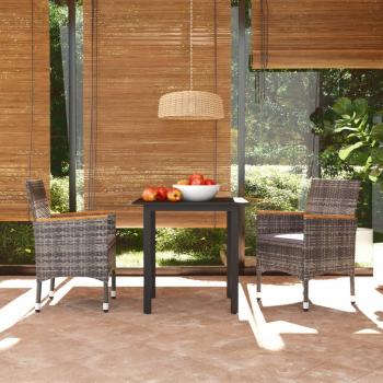 3-Piece Grey Poly Rattan Garden Dining Set with Cushions