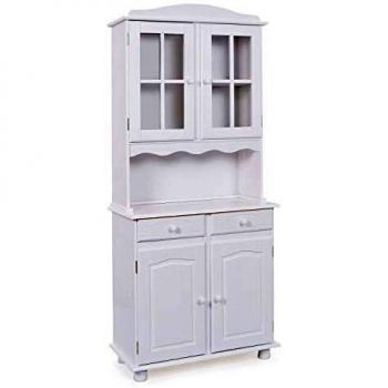 Aparador Valencia de Pino Macizo, 2 Puertas, 2 Cajones y 2 Vitrinas, Color Blanco, 88x198x32 cm
