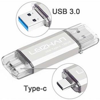 LEIZHAN Memoria USB Tipo C 128GB,Flash Drive USB 3.0 OTG para Samsung S9,Huawei,Portátil,Teléfono y Otras Dispositivos USB o Tipo C-Plata