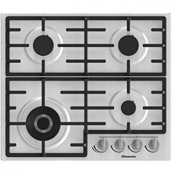 Encimera de Gas Hisense GM663XB 60 cm, Acero Inoxidable, 4 Zonas de Cocción, Quemador Wok Doble Corona y Rejillas de Hierro Fundido, Encendido Integrado