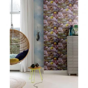 Papel de pared Good Vibes Coral and Tropical Fish amarillo y morado